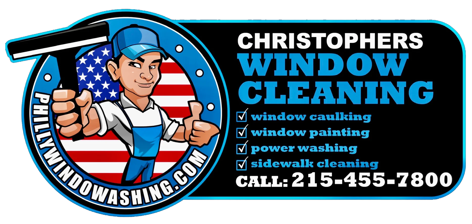 Christophers Window Cleaning logo with services and phone number